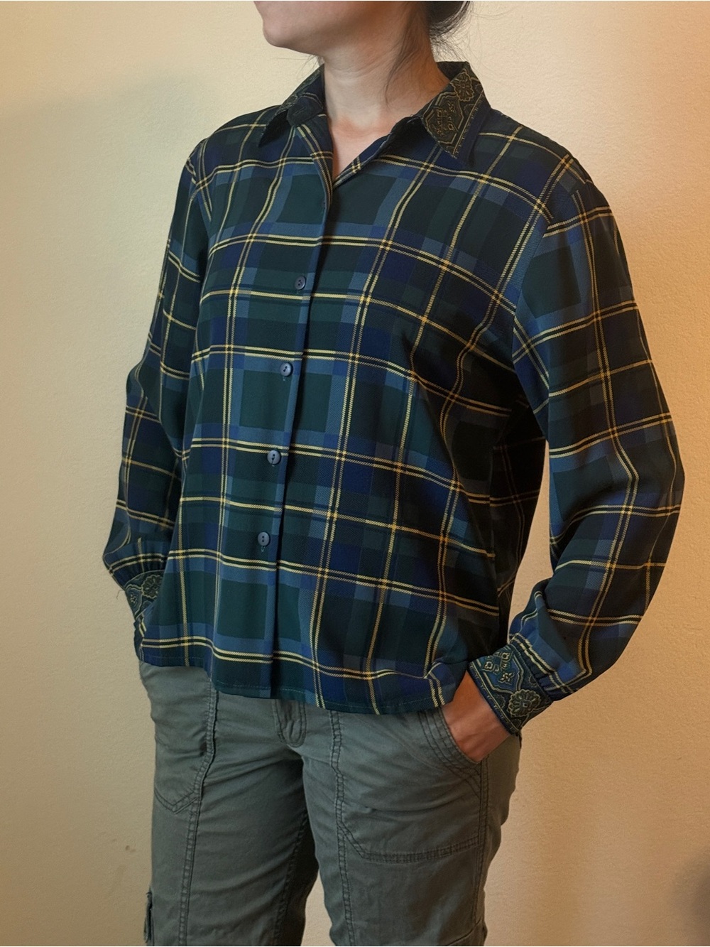 Vintage Alia Petite Green and Navy Plaid Button-Down Shirt with Paisley Accents